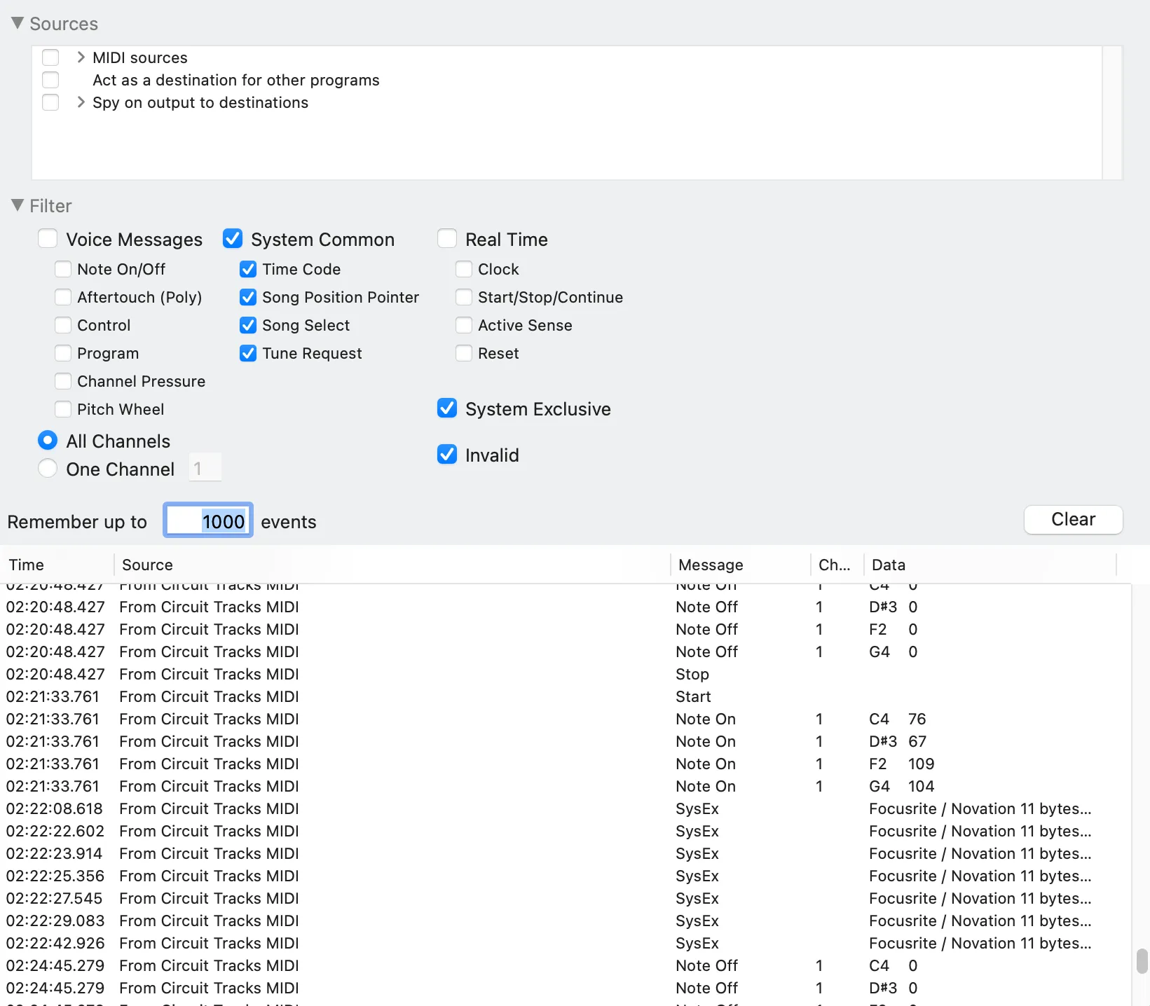 MIDI Monitor screenshot showing SysEx messages